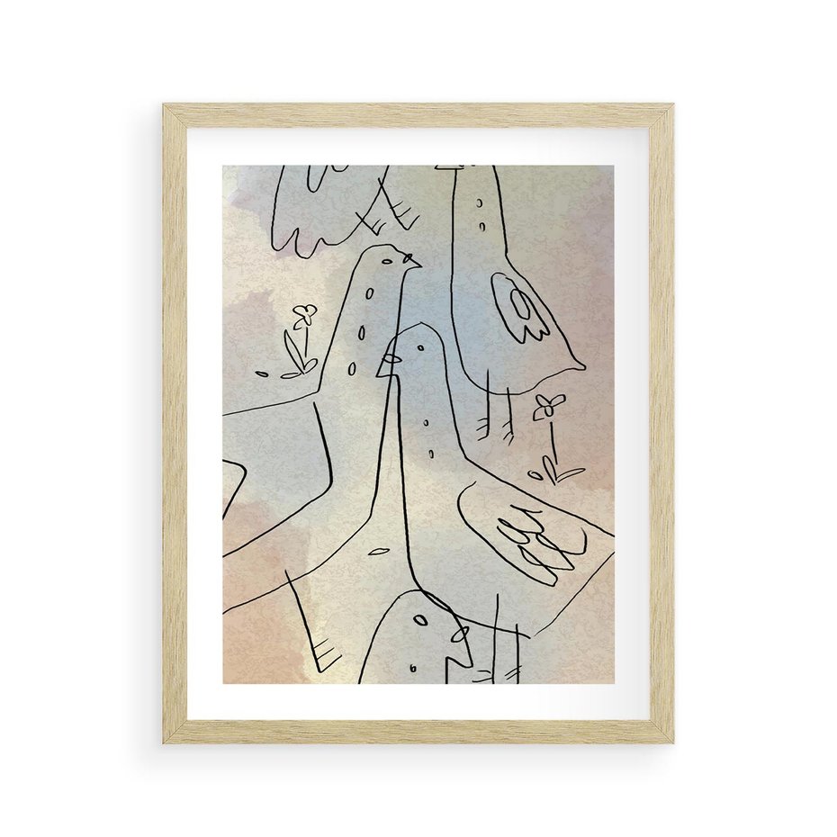 Plakat w ramie 40x50 - Strukturalna Gromada - abstrakcyjny plakat, szkic ptaków - rama drewno