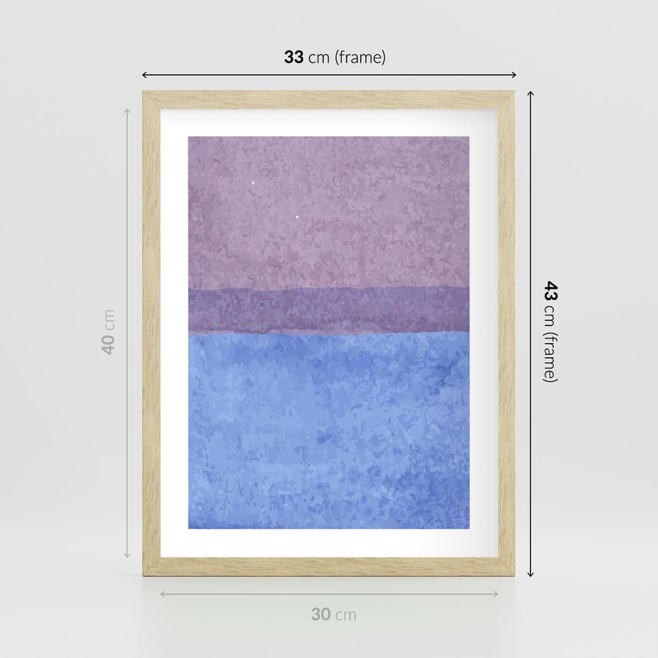 Plakat w ramie 30x40 - Taniec Światła - kolorowe akwarelowe pasy, odcienie fiolet - rama drewno