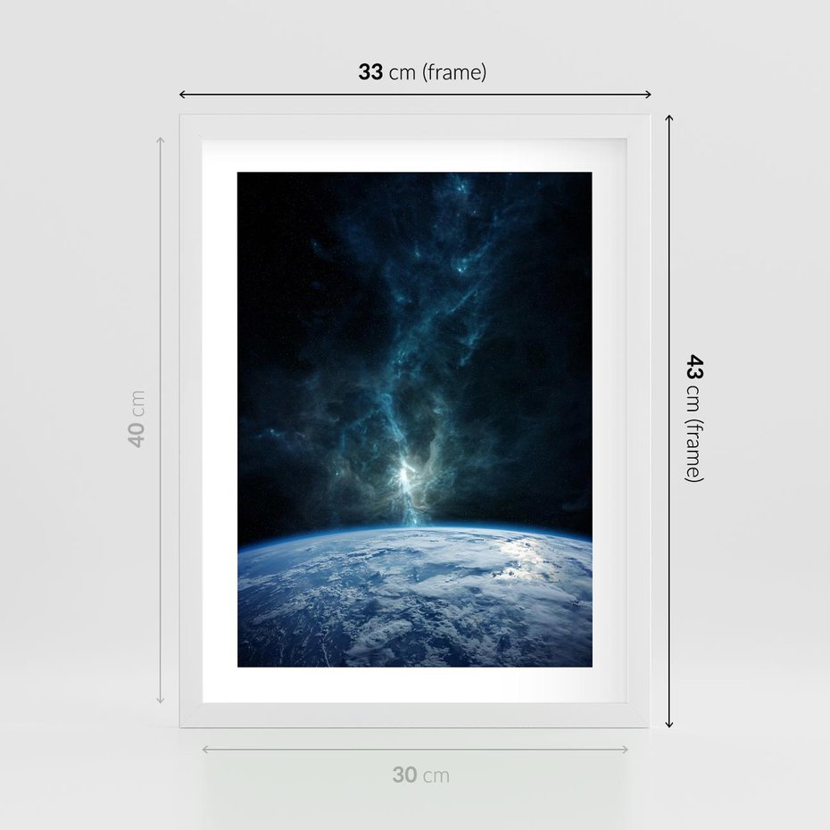 Plakat w ramie 30x40 - Wędrówka przez galaktyki - ziemia, kosmos - rama biała