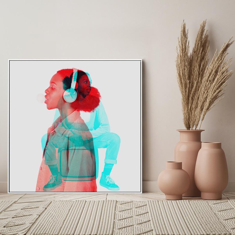 Obraz w ramie 80x80 - Rytmy Wspomnień - kolaż zdjęć, kobieta - rama biała