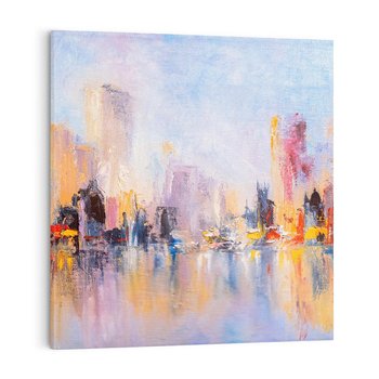 Obraz na płótnie 50x50 - Miasto Refleksji - olejna panorama miasta w oddali, wiezowce odbijają się w rzece