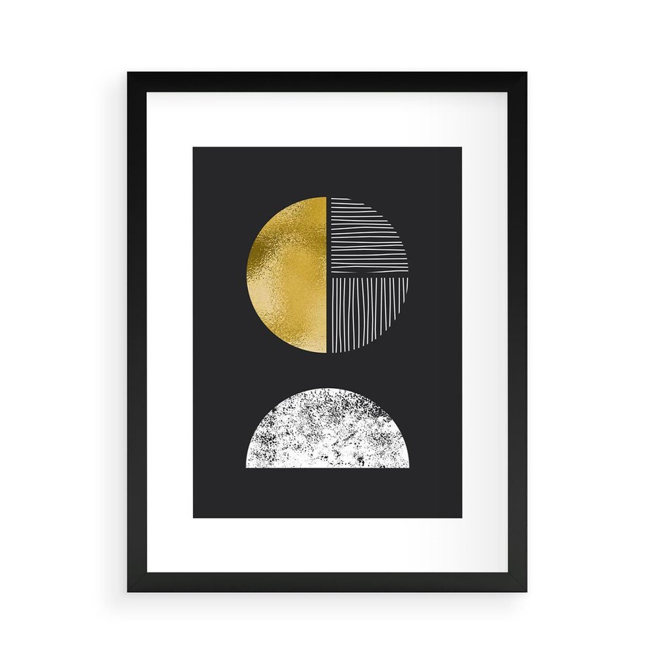 Plakat w ramie 50x70 - Złote Koła i Geometryczne Formy - grafika, modern - rama czarna
