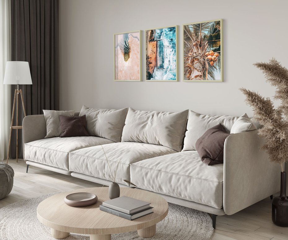 Zestaw obrazy w ramie 40x50 galeria - Plaża, morze, ananas, kokosy, palmy - rama drewno