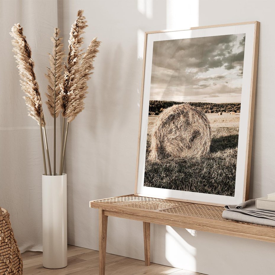 Plakat w ramie 40x50 - Ciepło Natury - snopki siana, pole - rama drewno