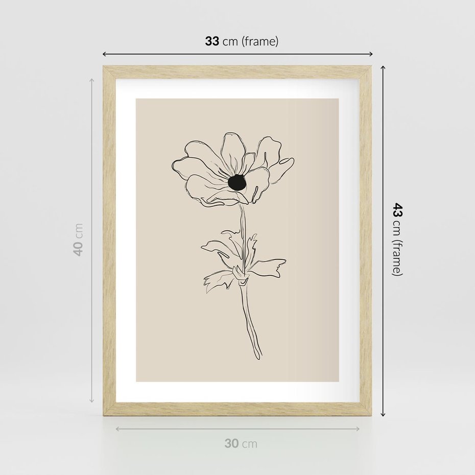 Plakat w ramie 30x40 - Przenikający Dialog - szkic kwiatu, mnimalistyczny szkic - rama drewno