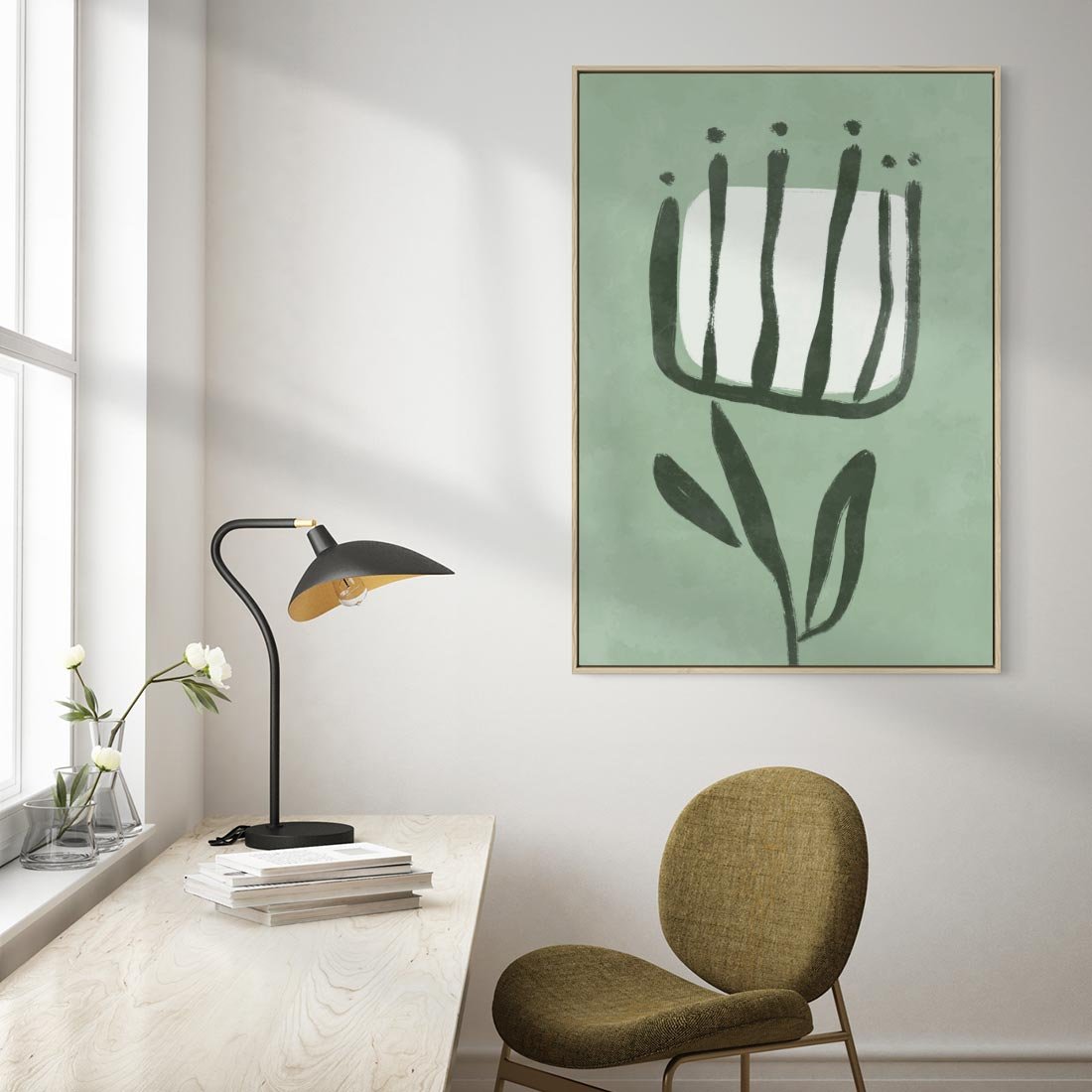 Obraz w ramie 80x120 - Objęcia Zieleni - zielona abstrakcja, zgaszona zieleń - rama drewno