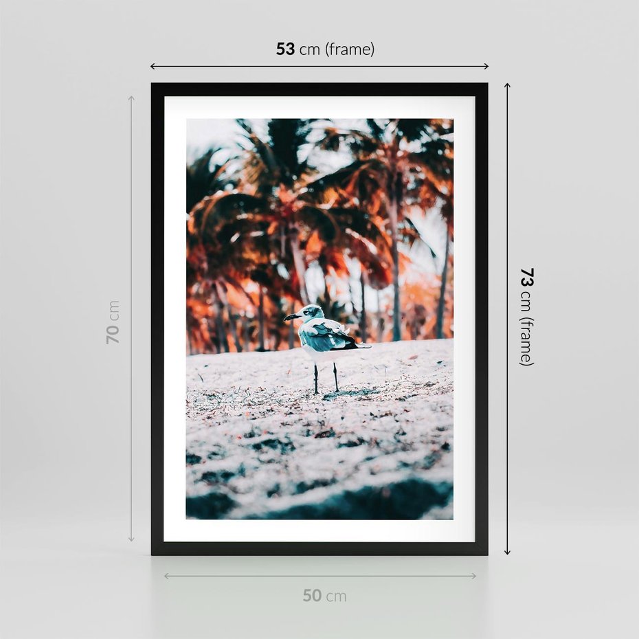 Plakat w ramie 50x70 - Tropikalna Uroda: Plaża z Mewą - tropikalna plaża, mewa na piasku - rama czarna