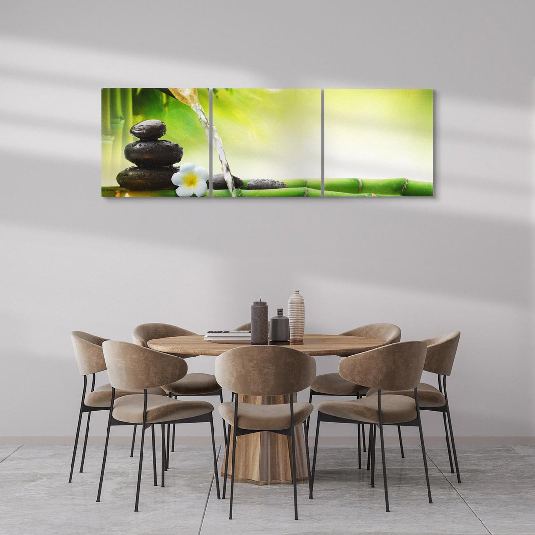 Obraz na płótnie 120x40 - Harmonia natury: Bambus, woda, kamienie - bambus, woda