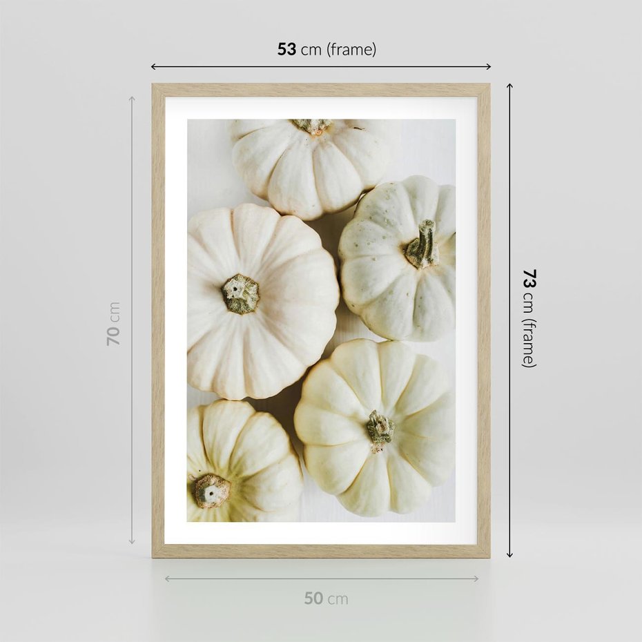 Plakat w ramie 50x70 - Jesienne Dynie: Delikatna Kompozycja - białe dynie, jasna kompozycja - rama drewno