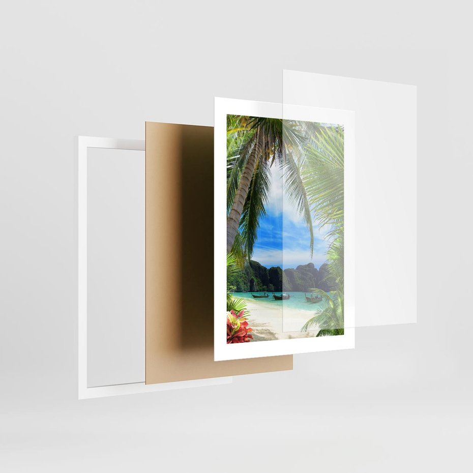 Plakat w ramie 30x40 - Palmy tańczące na tropikalnej plaży - palmy, plaża - rama biała