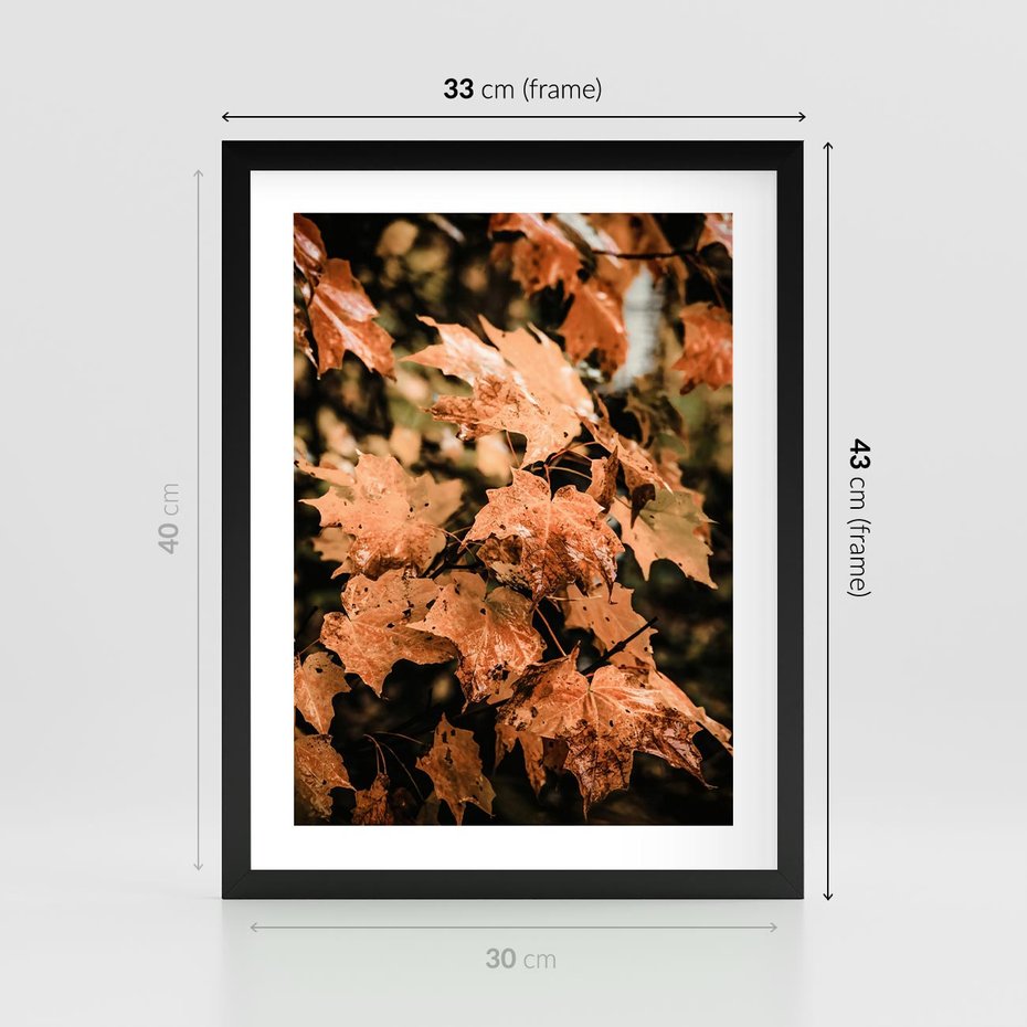 Plakat w ramie 30x40 - Ciepło Jesieni - jesienne pomarańczowe liśćie, jesień - rama czarna