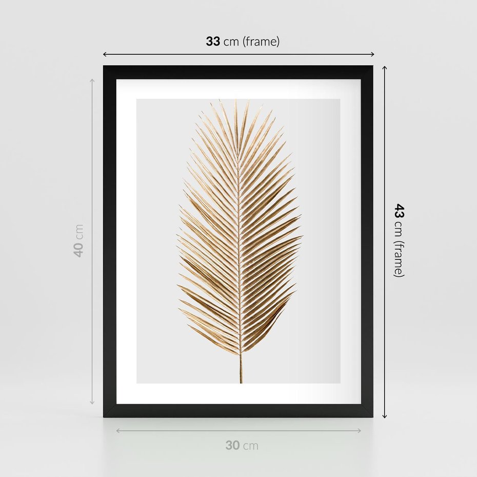 Plakat w ramie 30x40 - Złoty blask palmowego liścia - złota, palma - rama czarna