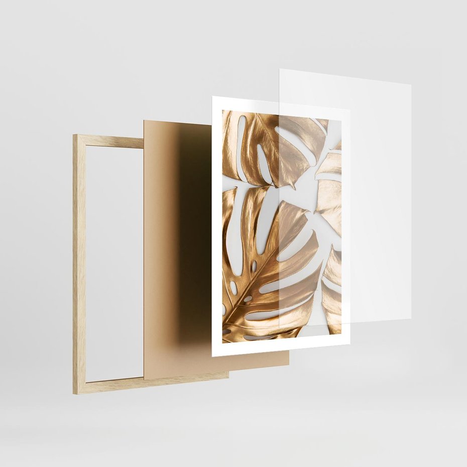 Plakat w ramie 50x70 - Złote Akcenty w Fotografii - złotel liście monstery, na białym tle - rama drewno