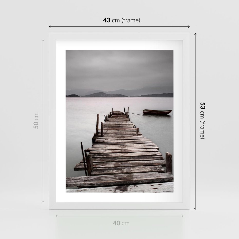 Plakat w ramie 40x50 - Spokój nad Jeziorem - pomost, jezioro - rama biała