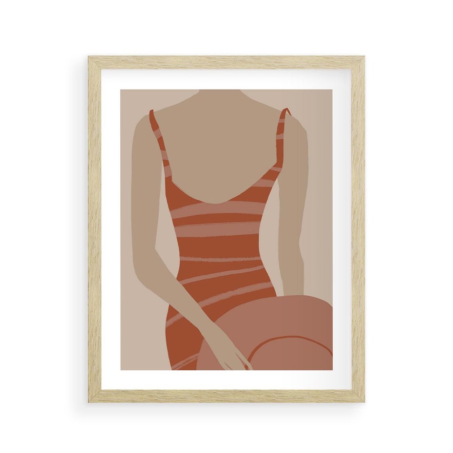 Plakat w ramie 40x50 - Kobiece Retro - minimalistyczny boho plakat, retro kobieta w stroju kąpielowym - rama drewno