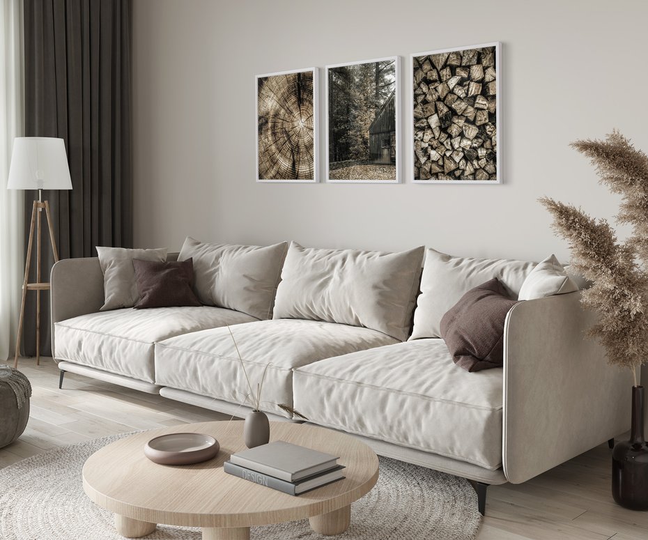 Zestaw obrazy w ramie 40x50 galeria - Drewno, pień, boho, domek - rama biała