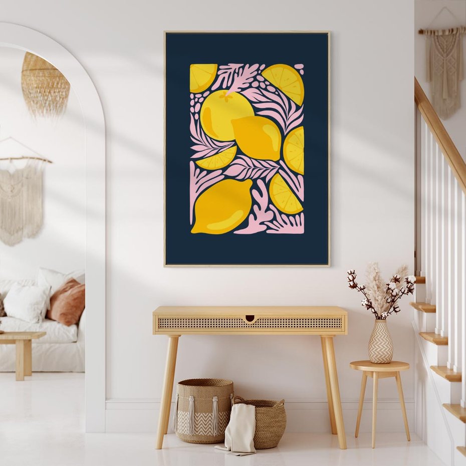 Obraz w ramie 50x70 - Kreatywne Rytmy - granatowe tło, nowoczesna kompozycja - rama drewno