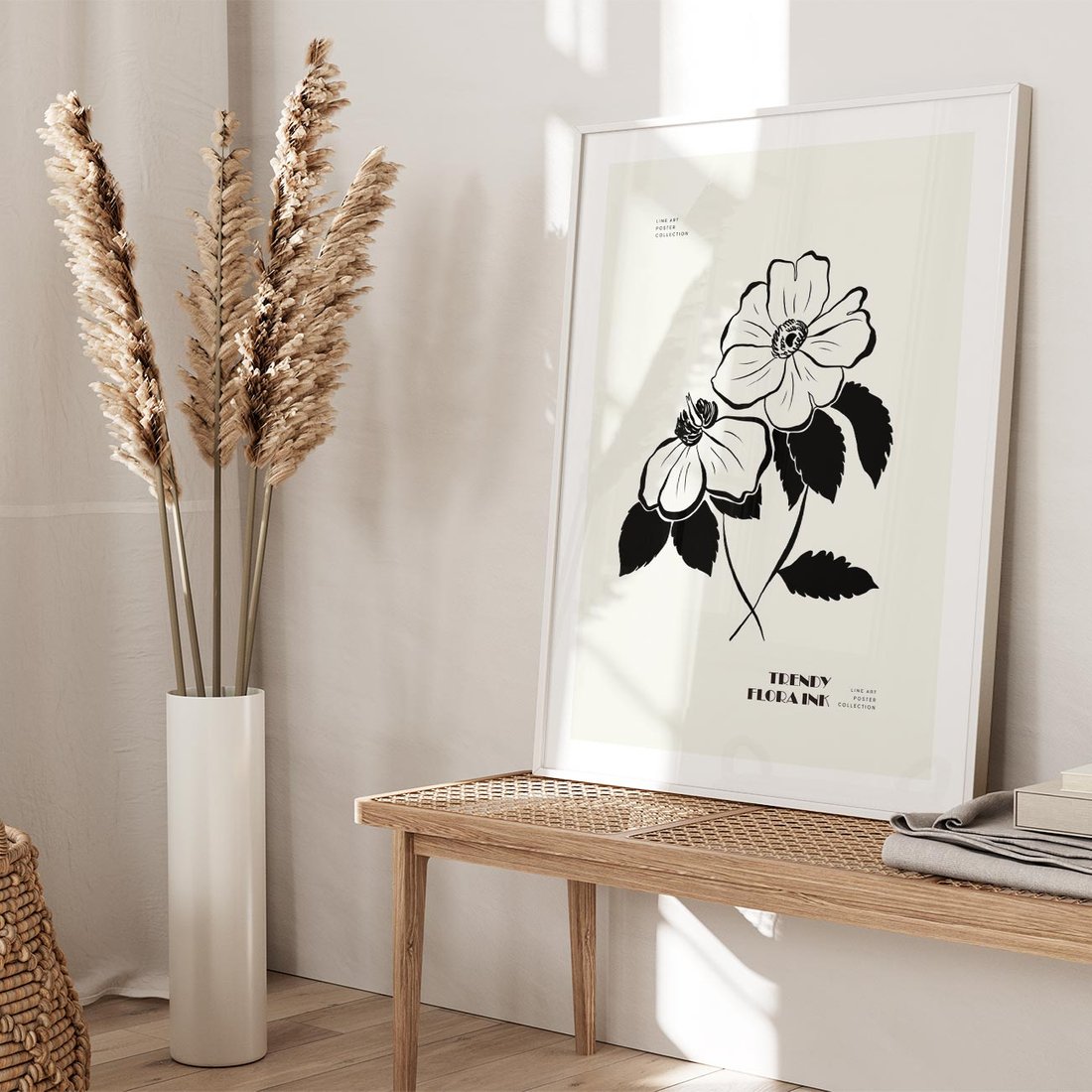 Plakat w ramie 30x40 - Poezja kwiecistej kreski - kwiaty, minimalistyczne - rama biała