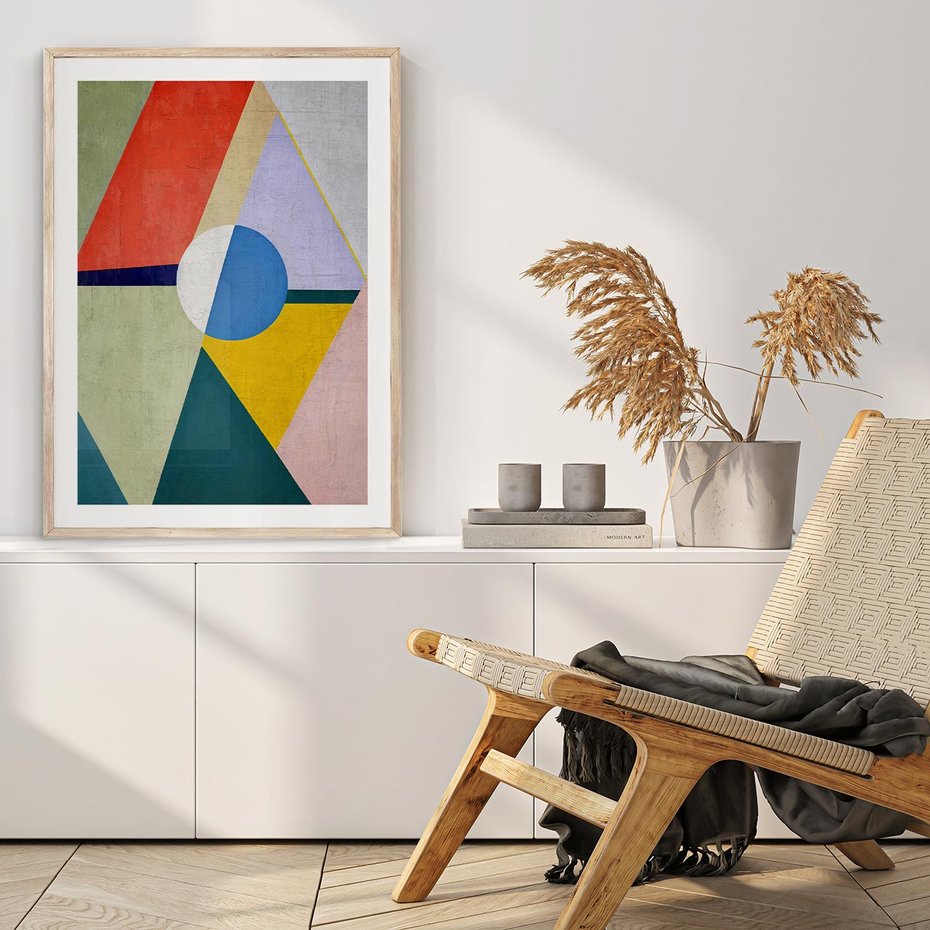 Plakat w ramie 30x40 - Taniec Subtelnych Odbić - abstrakcyjne geometryczne kształty, olejny obraz - rama drewno