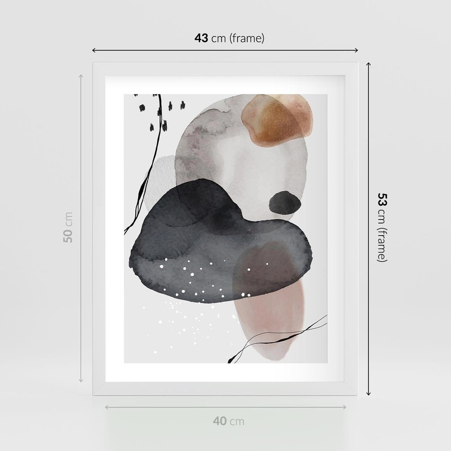 Plakat w ramie 40x50 - Impresje Harmonii - abstrakcyjne plamy akwarelowe, czarny szkic - rama biała