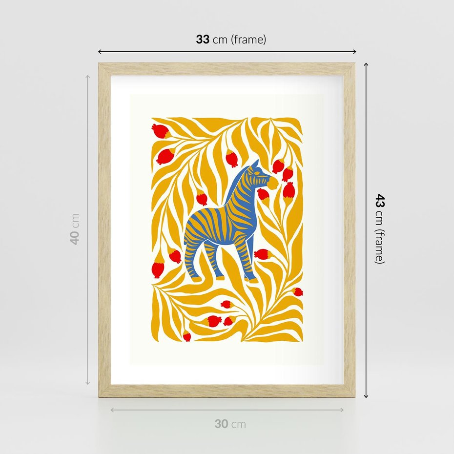 Plakat w ramie 30x40 - Zebra w Nowoczesności - abstrakcyjna nowoczesna grafika, pośrodku zebra - rama drewno