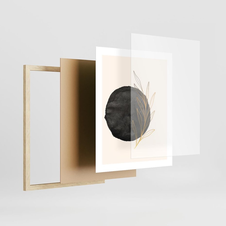 Plakat w ramie 40x50 - Kontrast Kształtów - minimalistyczna grafika, czarna plama - rama drewno