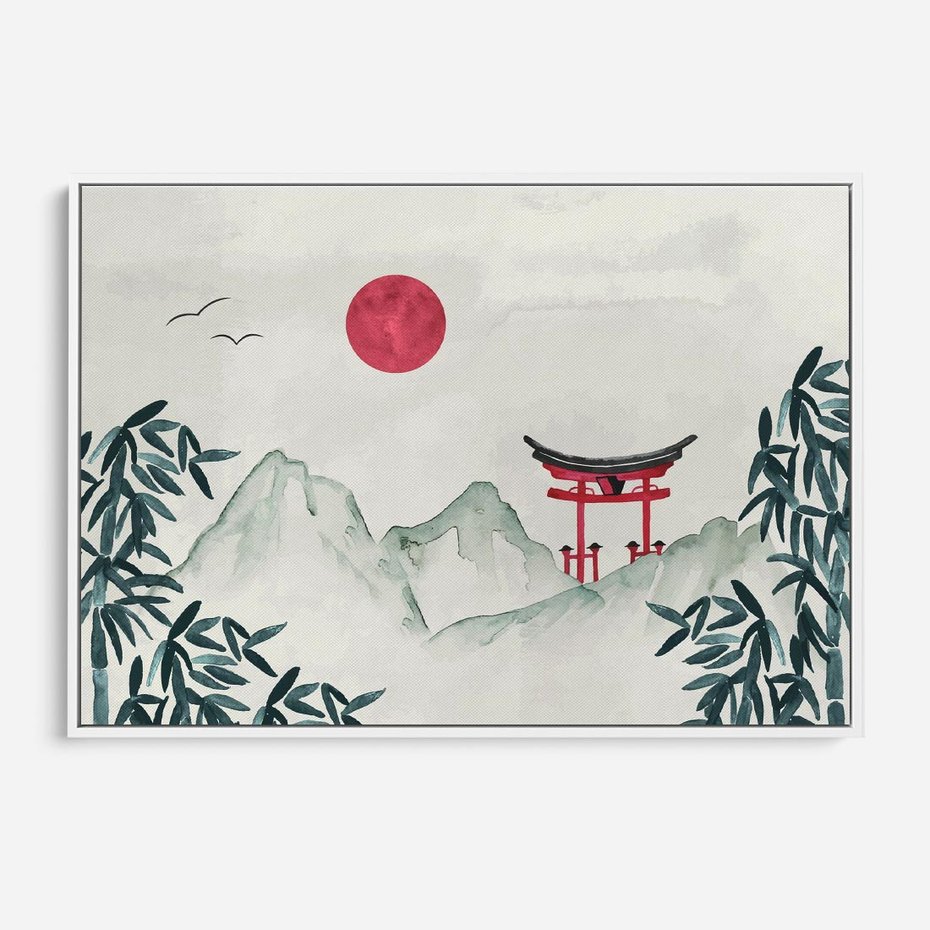 Obraz w ramie 120x80 - Słońce nad Górami - japoński krajobraz, góry - rama biała