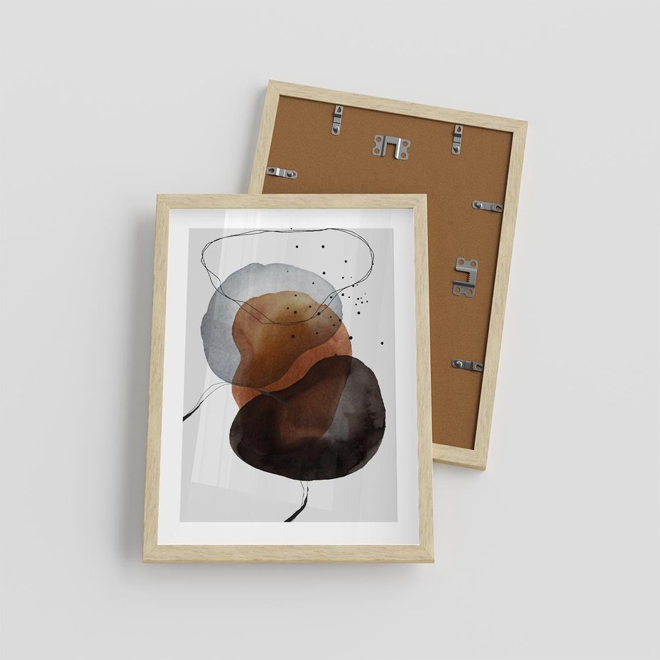 Plakat w ramie 30x40 - Kolorowe Wizje - abstrakcyjne plamy akwarelowe, czarny szkic - rama drewno