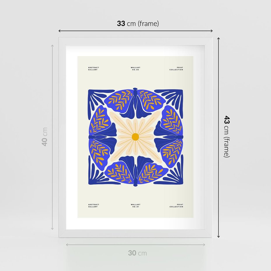 Plakat w ramie 30x40 - Księga Abstrakcji - abstrakcyjna boho kompozycja, granatowe ćmy - rama biała