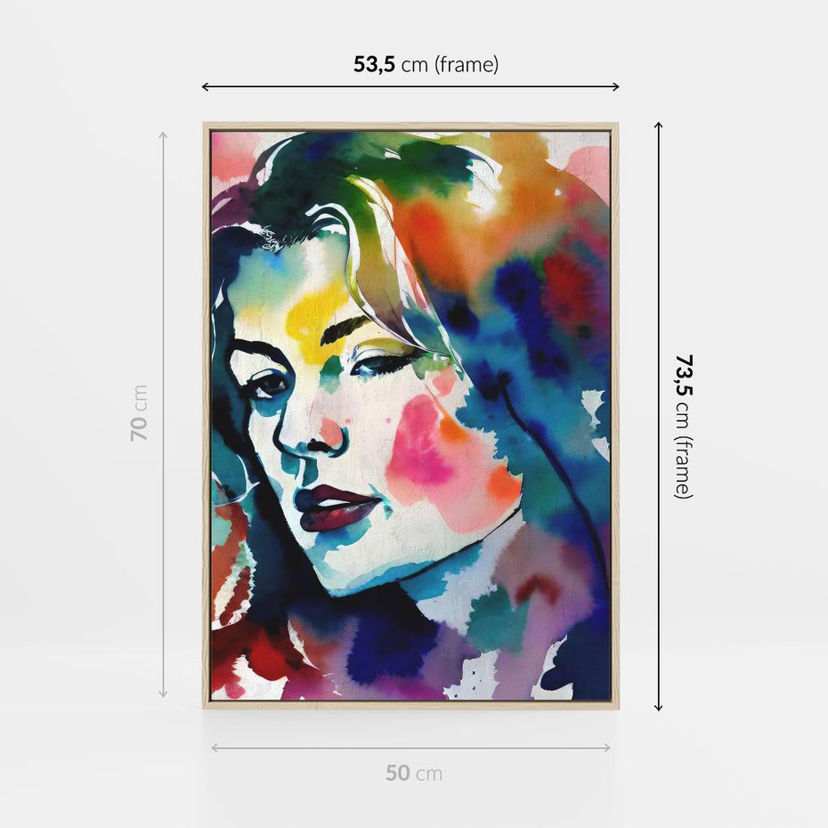 Obraz w ramie 50x70 - Abstrakcyjna ekstaza barw - abstrakcyjny portret kobiety, szkic czarną kreską - rama drewno