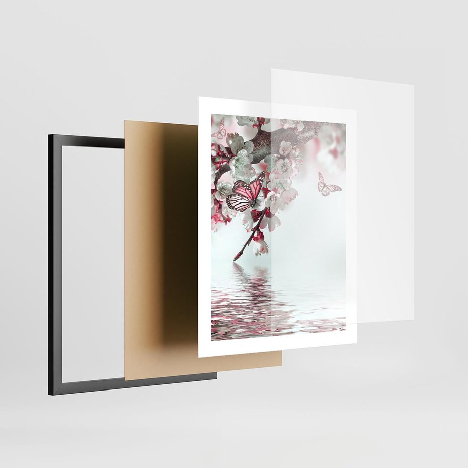 Plakat w ramie 40x50 - Kwiatowa baśń z motylami - kwiaty, motyle - rama czarna