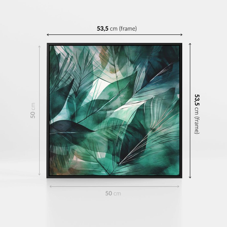 Obraz w ramie 50x50 - Zieleń Tropików - tropikalne zielone liście palmy, monstera - rama czarna