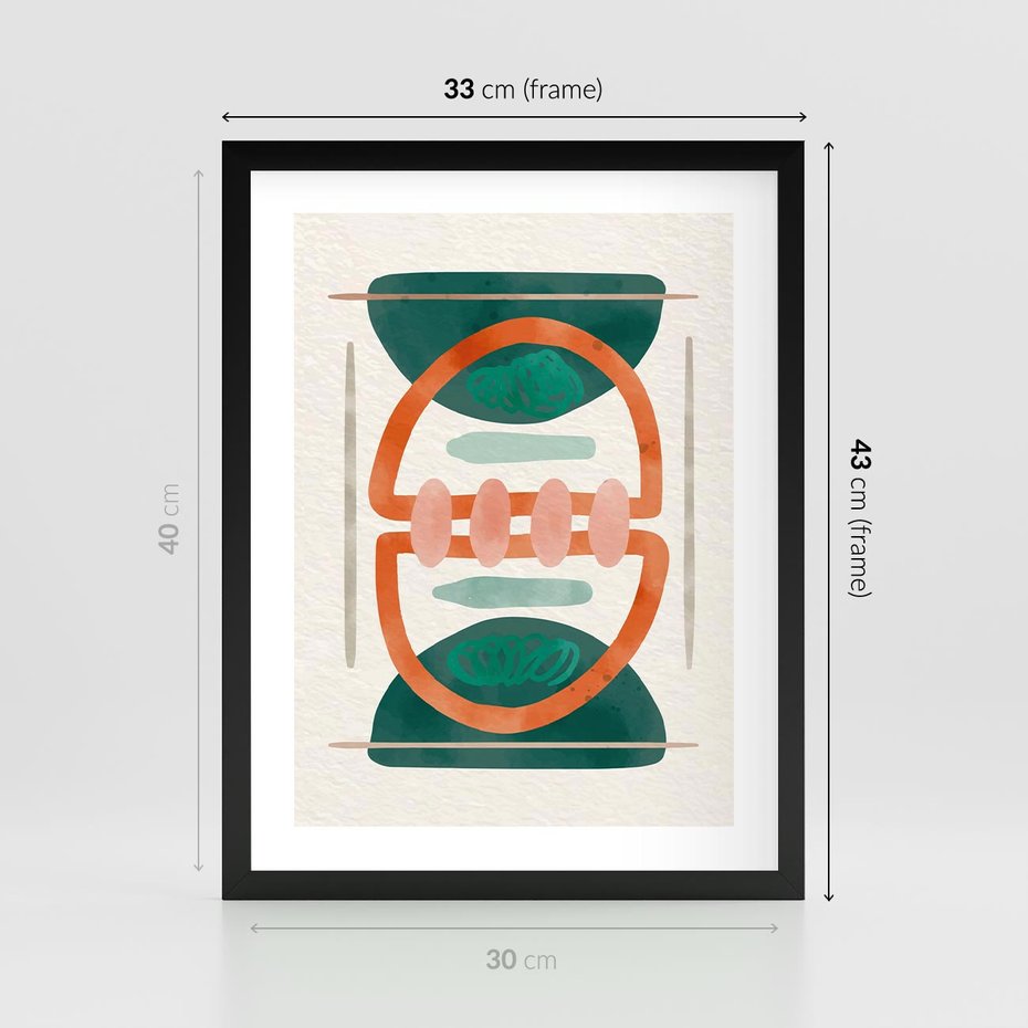 Plakat w ramie 30x40 - Oryginalny obraz abstrakcyjny w nowoczesnym stylu. Geometryczne akwarelowe kształty w intensywnych odcieniach zieleni i pomarańczu. Doskonała dekoracja dla miłośników sztuki. - abstrakcyjny obraz, sztuka nowoczesna - rama czarna