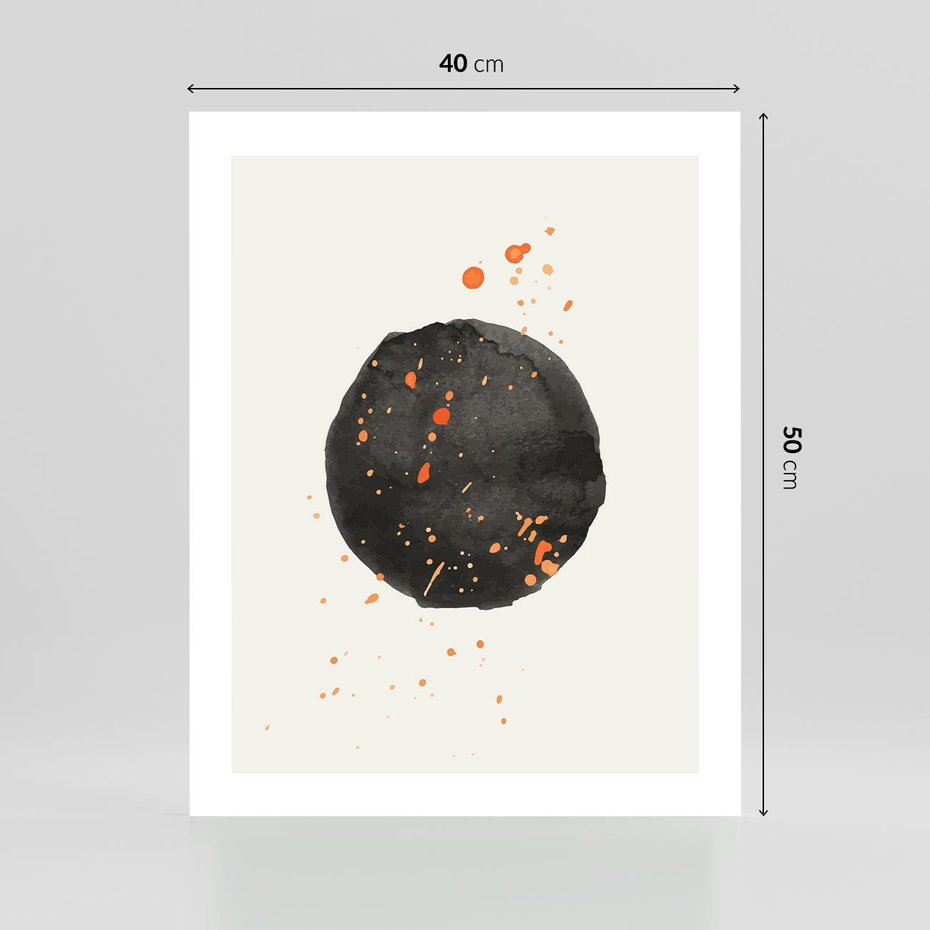 Plakat bez ramy 40x50 - Wibracje Kolorów - abstrakcyjna czarna plama, rozsiane pomarańczowe kropki