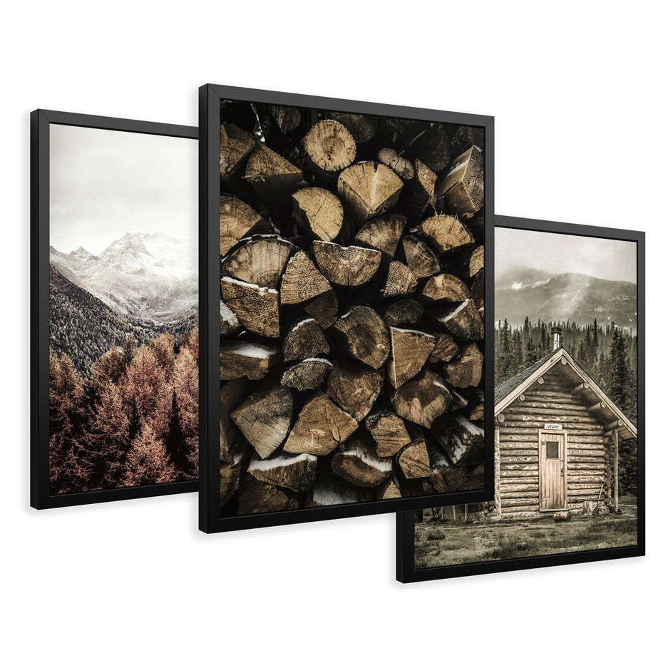 Zestaw obrazy w ramie 50x70 galeria - Chatka, w, górach, drewno - rama czarna