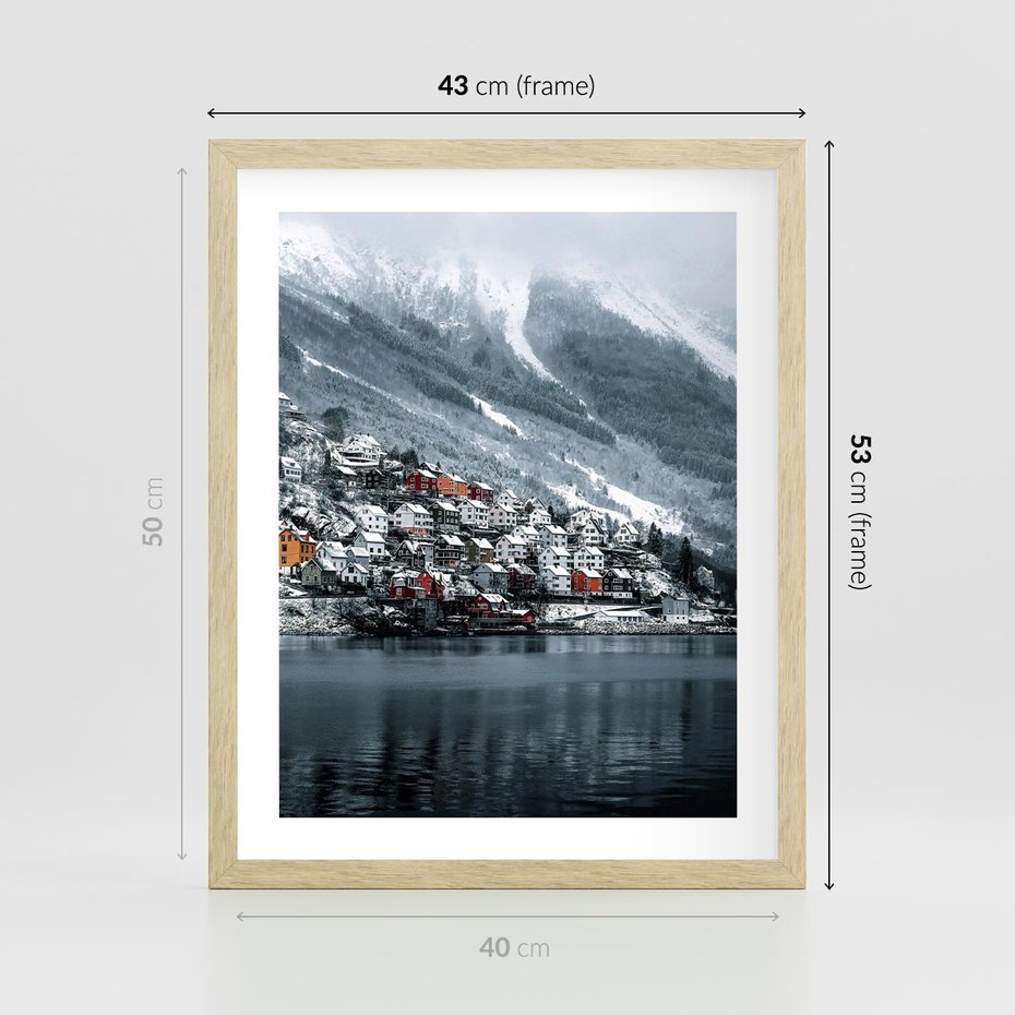 Plakat w ramie 40x50 - Skandynawia na Wzgórzach - domki na wzgórzu, skandynawia - rama drewno