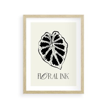 Plakat w ramie 50x70 - Zapisane na liściach wspomnienia - liść, czarny kontur na jasnym tle - rama drewno