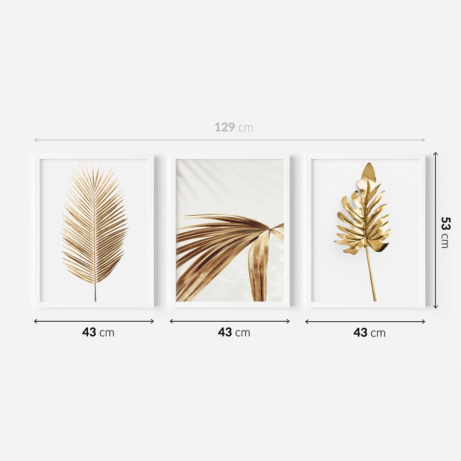Zestaw obrazy w ramie 40x50 galeria - Złote, palmy, liście, tropikalne, minimalizm - rama biała