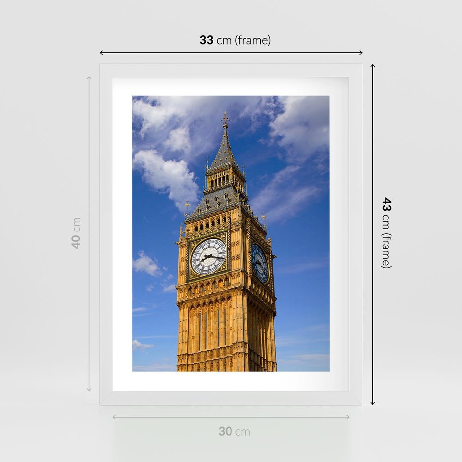 Plakat w ramie 30x40 - Czasowy Symbol - zegar, Big Ben - rama biała