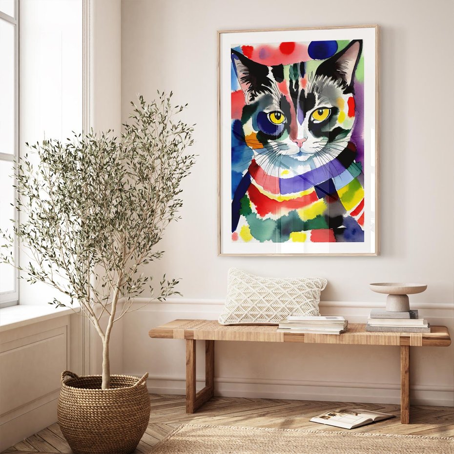 Plakat w ramie 30x40 - Koci Przyjaciel - abstrakcyjny obraz, akwarela - rama drewno