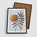 Plakat w ramie 50x70 - Grafika z Czarnym Liściem Palmy - czarny liść palmy, złóte kołó - rama czarna
