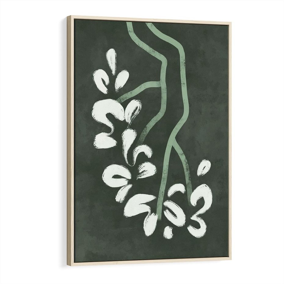Obraz w ramie 70x100 - Rozkwitające Zielone Gałęzie - abstrakcyjne delikatne zielone linie, podobne do gałęzi kwiatów - rama drewno