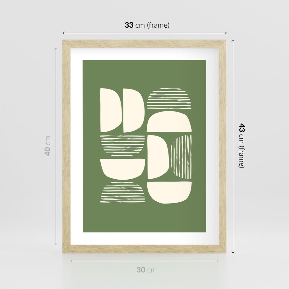 Plakat w ramie 30x40 - Migotliwe Formy - geometryczne boho kształty na brązowym, oliwkowym tle - rama drewno