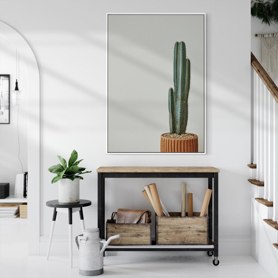 Obraz w ramie 80x120 - Zieleń i Subtelność - kaktusy, liście - rama biała