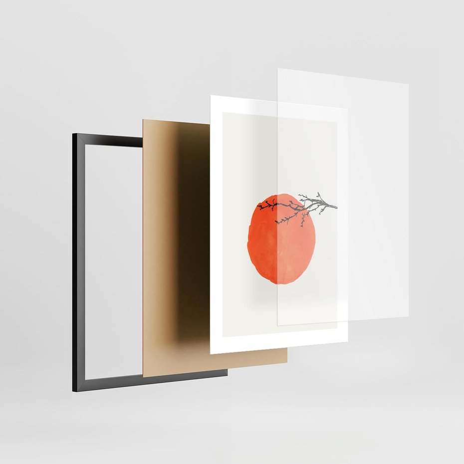 Plakat w ramie 30x40 - Słońce i Gałązka - pomarańczowe słońce, gałązka - rama czarna