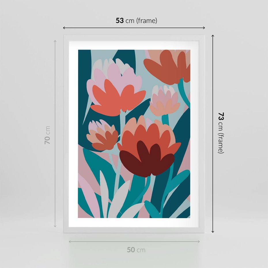 Plakat w ramie 50x70 - Symfonia Kwiatów - abstrakcyjna kompozycja kwiatowych form, kolor zgaszone - rama biała