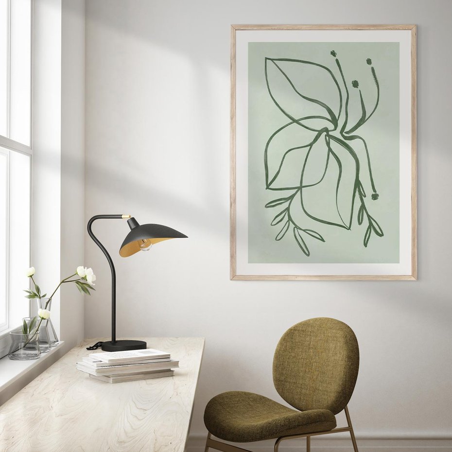 Plakat w ramie 40x50 - Energetyczne Odrodzenie Natury - abstrakcyjne delikatne zielone linie, podobne do gałęzi kwiatów - rama drewno