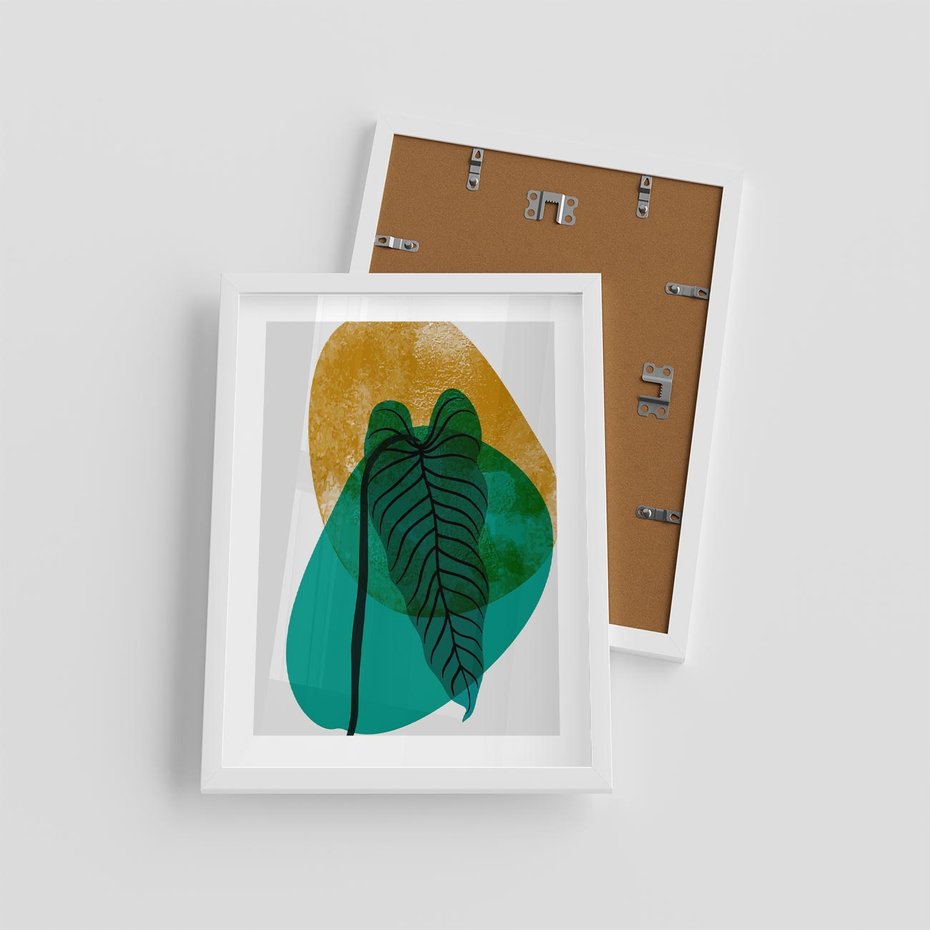 Plakat w ramie 30x40 - Zielony Liść ze Złotą Plamą - zielony liść, złota plama - rama biała