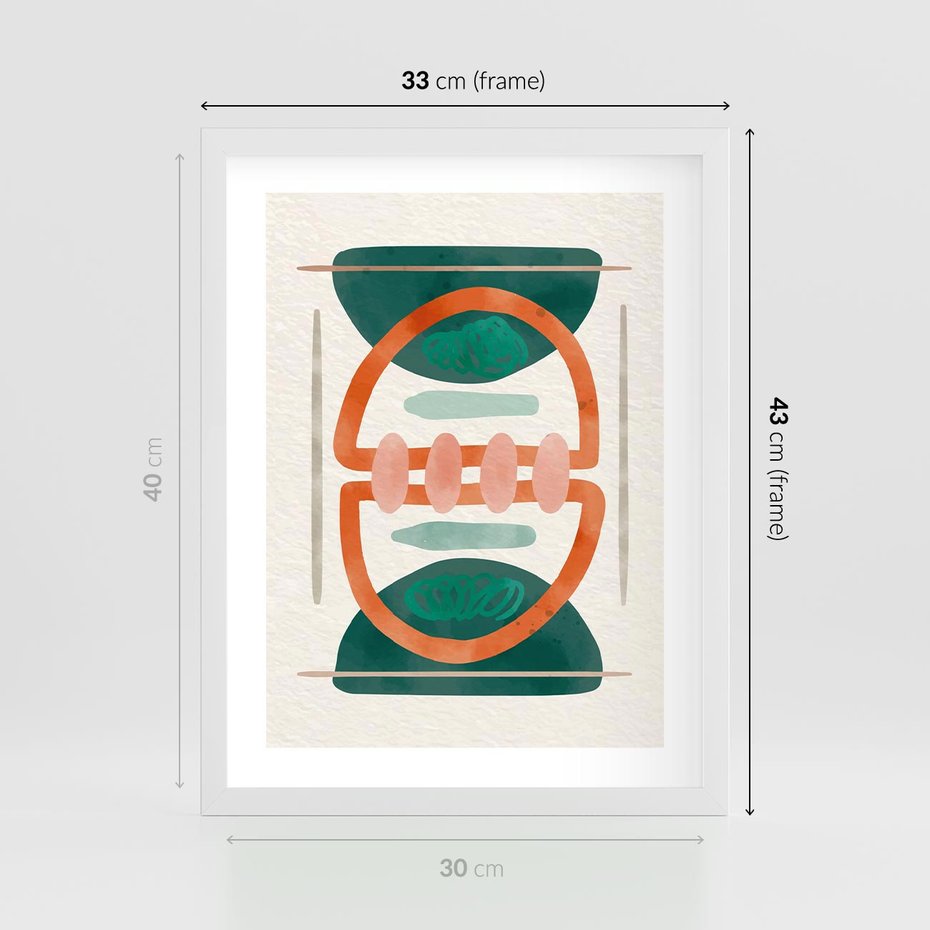Plakat w ramie 30x40 - Oryginalny obraz abstrakcyjny w nowoczesnym stylu. Geometryczne akwarelowe kształty w intensywnych odcieniach zieleni i pomarańczu. Doskonała dekoracja dla miłośników sztuki. - abstrakcyjny obraz, sztuka nowoczesna - rama biała