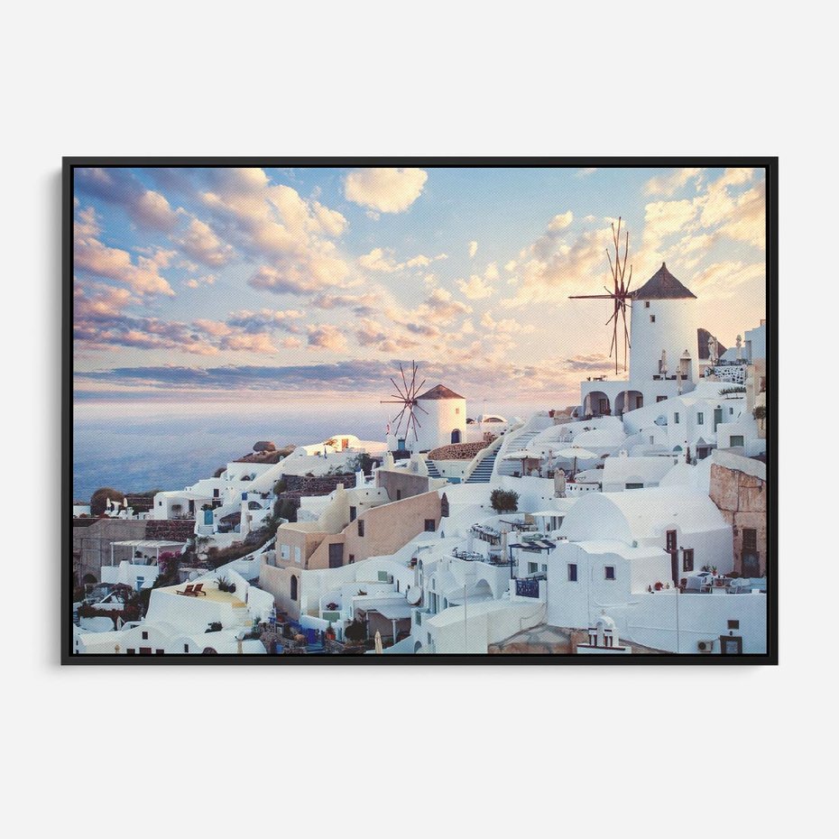 Obraz w ramie 70x50 - Biel ponad Błękitem - Santorini, białe budynki - rama czarna